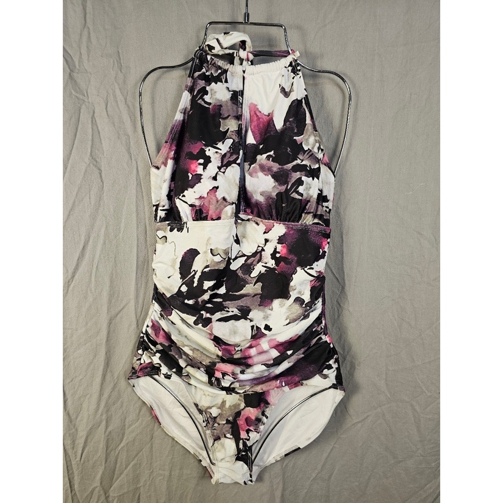B2PRITY Womens Floral Halter One Piece Swimsuit Tummy Control Purple Pink Large